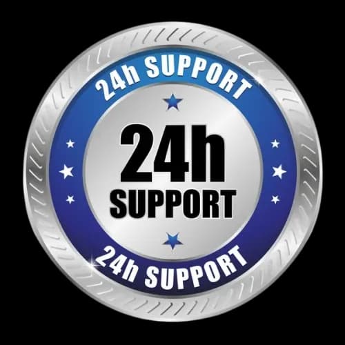 24-hour support badge in blue and silver