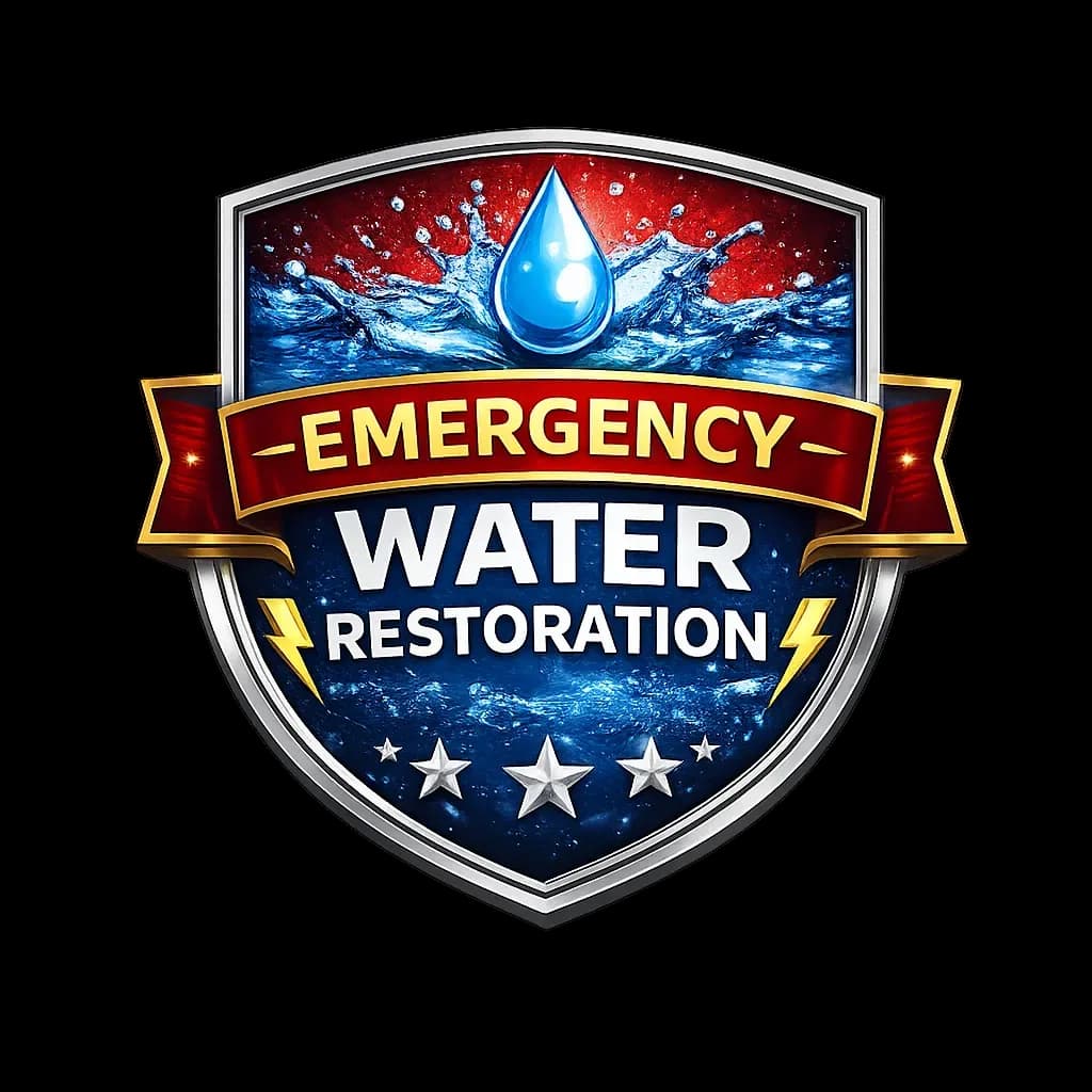 Emergency water restoration logo featuring a droplet and shield design.