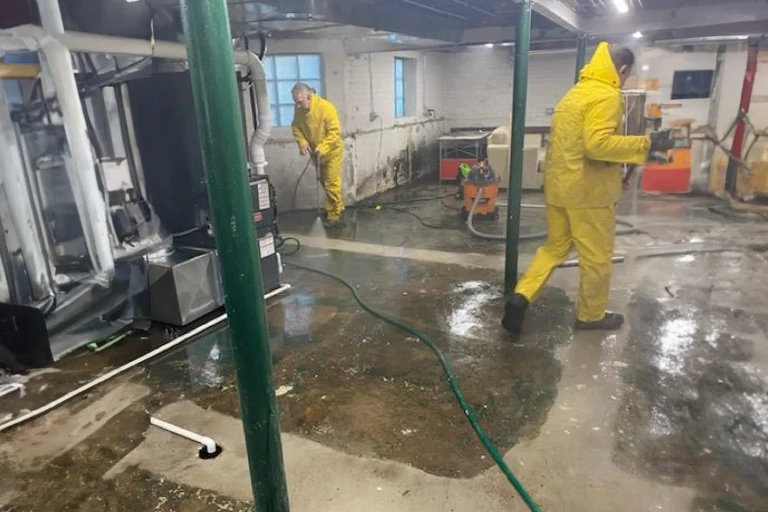 Workers cleaning a flooded basement with yellow rain gear