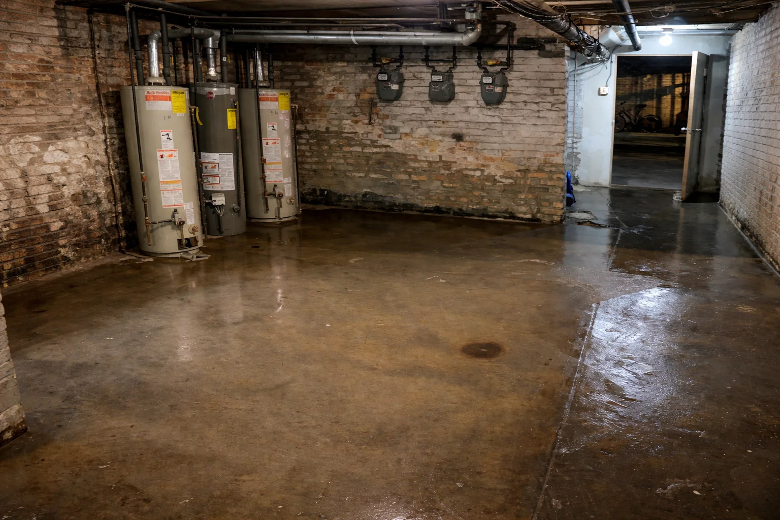 Industrial basement with water heaters and utility meters