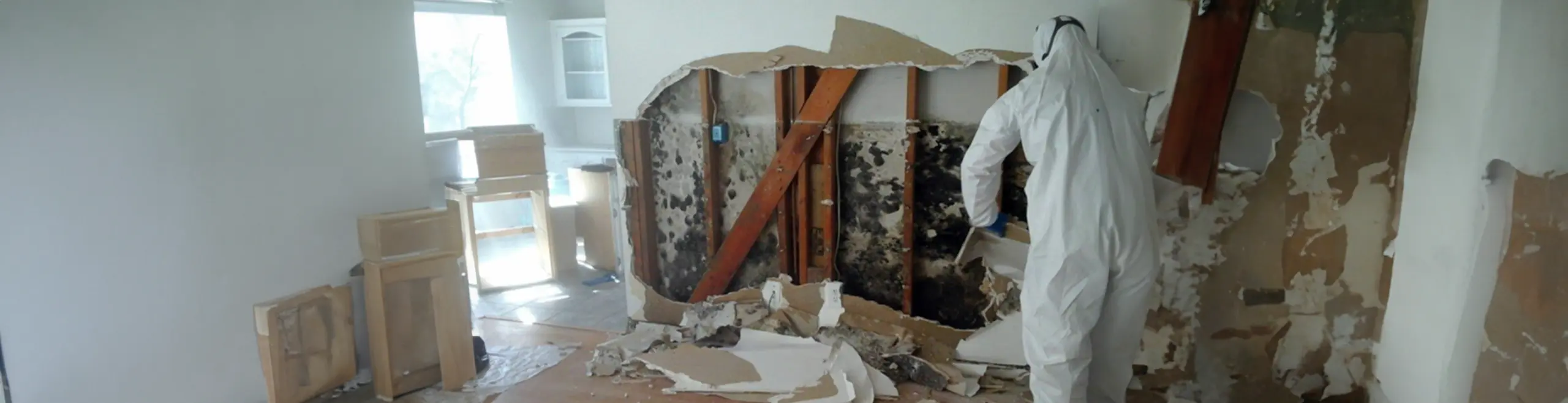 Construction worker in protective gear demolishing wall