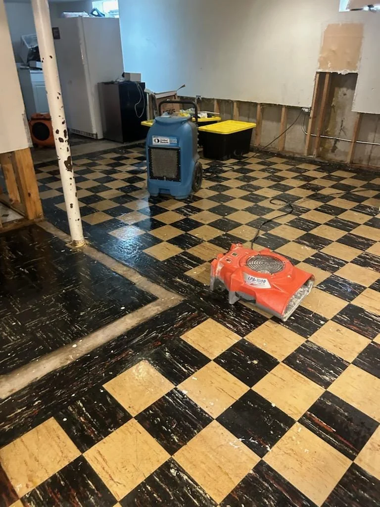 The CleanUP Guys air mover and dehumidifier drying a flooded Chicago basement during water damage restoration