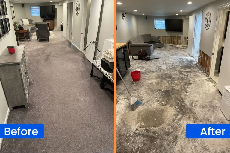 Before and after flood cleanup and restoration of a Chicago basement by The CleanUP Guys