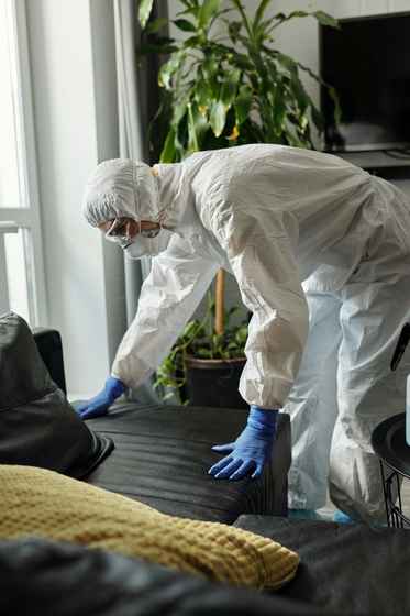 Mold remediation specialist in Chicago wearing a protective suit, respirator, and gloves inspecting a couch for mold