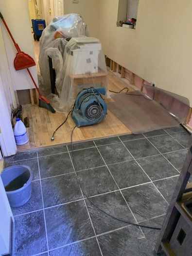Air mover and plastic containment set up during professional sewage cleanup in a Chicago basement